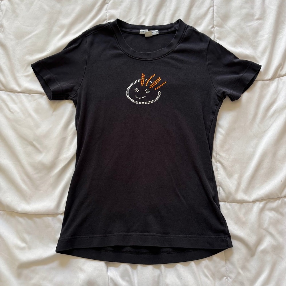 Vintage 90s Black Rhinestone Smiley Face Baby Tee Shirt Womens XS Y2K Streetwear